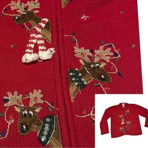 Heirloom Collectible Cardigan Vintage Zip Up Red Reindeer Front & Back Size 16